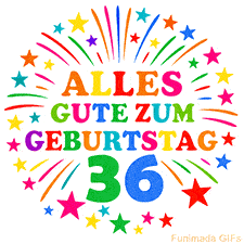 Bunte 'Alles Gute zum Geburtstag' Animation für den 36. Geburtstag mit Sternen und bunten Farben