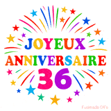 GIF animé joyeux anniversaire 36 ans avec étoiles multicolores et feu d’artifice