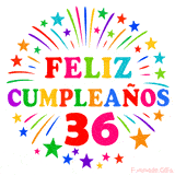 Imagen animada para felicitar los 36 años con letras de colores y diseño festivo.