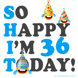 A fun birthday animation celebrating turning 36 with colorful party hats, smiling faces, and cheerful emojis.