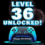 Animated GIF for a 36 birthday. The text 'Level 36 Unlocked!' and 'Happy Birthday!' are displayed over a blue video game controller with exploding fireworks in the background.