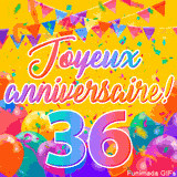Une animation festive célébrant un 36ème anniversaire, Les mots 'Joyeux Anniversaire' et le nombre '36' sont dans une police colorée, entourés de ballons de fête et de confettis.