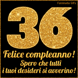 Un GIF animato per un 36° compleanno, Presenta il testo 'Buon Compleanno 36' su uno sfondo giallo vivo con palloncini colorati, festoni e una pioggia di coriandoli.
