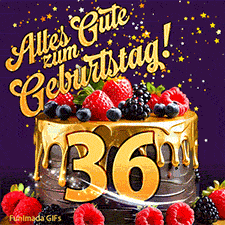 Eine köstlich aussehende animierte Geburtstagskarte für den 36. Geburtstag, dekoriert mit Erdbeeren, Blaubeeren und goldenen Details, Sterne funkeln und fallen, mit 'Alles Gute zum Geburtstag!'-Text.