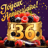 Une animation de célébration d'un gâteau de 36ème anniversaire, Des étoiles dorées tombent du ciel, mettant en valeur le texte 'Joyeux Anniversaire !' et le nombre doré 36 à l'avant du gâteau.