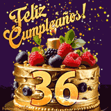 Una animación de celebración de una tarta para el 36º cumpleaños, Estrellas doradas caen del cielo, destacando el texto '¡Feliz Cumpleaños!' y el número dorado 36 en la tarta.
