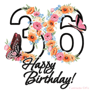 A floral 36th birthday animated greeting card. The number '36' is surrounded by animated flowers and butterflies, creating a beautiful and cheerful way to celebrate the milestone.