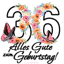 Ein florales GIF zum 36. Geburtstag. Die Zahl '36' ist von animierten Blumen und Schmetterlingen umgeben und bietet eine schöne und fröhliche Art, den Meilenstein zu feiern.