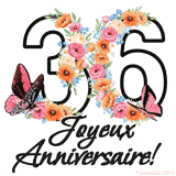 Ce GIF de Joyeux 36ème Anniversaire présente le nombre vingt rempli d'un bouquet vibrant de fleurs animées, avec des papillons qui bougent doucement sur un fond blanc.