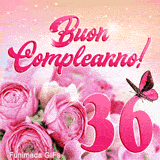 Immagine GIF animata di buon compleanno 36 anni con rose rosa, farfalla rosa e scintillanti stelle dorate che brillano in loop.