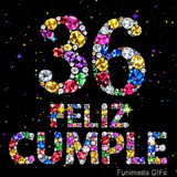 Joyas brillantes de diversos colores arman el número 36 y las letras de FELIZ CUMPLE, contrastando fuertemente con un oscuro fondo estrellado.