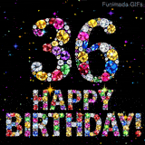 Brightly colored shiny crystals form the digit 36 and Happy Birthday lettering, positioned on a dark backdrop featuring small animated twinkling bright stars.