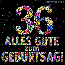 Die leuchtende Zahl 36 und der Schriftzug Alles Gute zum Geburtstag aus farbigen Juwelen vor einem schwarzen Hintergrund mit kleinen Sternchen.