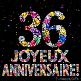 Le chiffre 36 et les mots Joyeux Anniversaire en cristaux colorés brillants, se détachant sur un fond noir rempli de petites étoiles animées.
