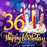 The digit 36 in gold beside a blue-wrapped cupcake with burning colorful candles. Golden Happy Birthday lettering on a blurry purple bokeh background.