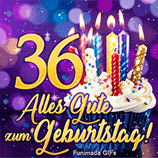 Alles Gute zum Geburtstag!' in Gold unter der Ziffer 36. Daneben steht ein Cupcake mit leuchtenden bunten Kerzen vor lila Bokeh.