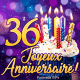 Animation pour les 36 ans avec bougies colorées illuminées, le chiffre 36 d'or et un gâteau sur fond violet scintillant.