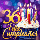 Animación para los 36 años con velas de colores iluminadas, el número 36 de oro y una tarta sobre fondo morado.