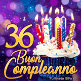Animazione per i 36 anni con candele colorate illuminate, il numero 36 d'oro e un dolcetto su sfondo viola.