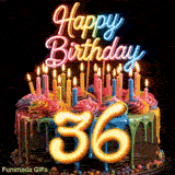 Spinning birthday cake GIF with rainbow frosting swirls, bright candles, and glowing golden number 36 in front.