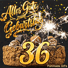 Herabrieselnde goldene Sterne vor einem dunklen Hintergrund. Auf der Torte steht die 36, flankiert von einer Wunderkerze und Glückwünschen.