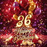 Floating balloons gift boxes and roses frame the large golden 36 as Happy Birthday and sparkling confetti create a lively birthday greeting