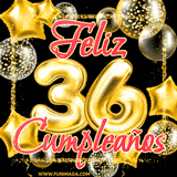 Animación de un GIF con el número 36 en dorado, rodeado de estrellas, burbujas brillantes y la frase 'Feliz cumpleaños' en letras modernas y festivas.
