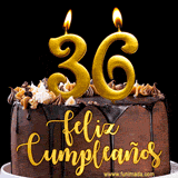GIF de un pastel de chocolate con decoración de crema, velas doradas con el número 36 encendido, y un fondo negro elegante y cálido.