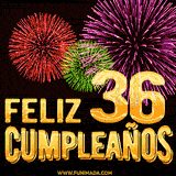 GIF animado con el número 36 en dorado, rodeado de fuegos artificiales rojos, verdes y morados, con el mensaje 'Feliz cumpleaños' en letras doradas.
