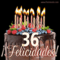 Feliz 36 cumpleaños pastel de chocolate. Imagen (GIF) con pastel y saludo.