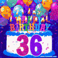 36th Birthday Cake gif: colorful candles, balloons, confetti and number 36
