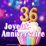 GIF animé joyeux anniversaire pour 36 ans avec un cupcake coloré, des bougies dorées en forme de 36 et un fond violet scintillant.