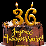 GIF animé pour un 36e anniversaire avec une élégante gâteau au chocolat, des bougies dorées formant le chiffre 36 et le texte 'Joyeux Anniversaire!' en écriture dorée.