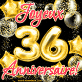 GIF animé pour un 36e anniversaire avec des ballons dorés en forme de 36, entourés de ballons scintillants et du texte 'Joyeux Anniversaire!' en écriture élégante.