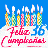 Animación de un pastel decorado con velas coloridas y encendidas, el número 36 destacado en azul y la frase 'Feliz cumpleaños' en letras estilizadas.