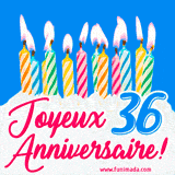 GIF animé joyeux anniversaire pour 36 ans avec des bougies colorées allumées, un fond bleu vif et le texte 'Joyeux Anniversaire 36!' en écriture élégante.