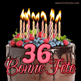 GIF animé pour un 36e anniversaire avec un somptueux gâteau au chocolat décoré de baies fraîches, des bougies allumées et le texte '36 Bonne Fête!' en rouge.