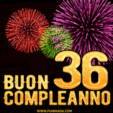 Animazione di fuochi d'artificio colorati con il numero 36 in oro brillante e la scritta 'Buon Compleanno' su uno sfondo nero festivo ed elegante.