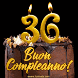 GIF animato con una torta al cioccolato decorata con crema, dettagli dorati e due candele accese che formano il numero 36. Messaggio 'Buon Compleanno' in scritta elegante.