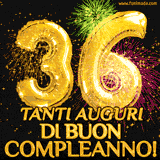 Palloncini dorati a forma del numero 36, accompagnati da scintille e fuochi d'artificio su sfondo nero, con il messaggio 'Tanti auguri di Buon Compleanno!'.