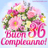 Bouquet animato con rose rosa, margherite e altri fiori colorati, con il numero 36 e la scritta 'Buon Compleanno!' in stile elegante e luminoso.