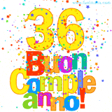 Animazione con il numero 36 in giallo e scritte multicolore 'Buon Compleanno!', accompagnate da una pioggia di stelle e coriandoli colorati.
