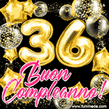 Animazione con palloncini dorati a forma del numero 36, circondati da decorazioni scintillanti e la scritta 'Buon Compleanno!' in caratteri rosa accattivanti.