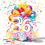 A festive birthday age GIF with animated star confetti, colorful balloons, and a gift box with the number 36. The text reads 'Happy Birthday'.