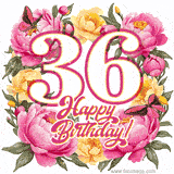 A celebratory GIF image features the animated number '36' and the words 'Happy Birthday!' surrounded by pink and yellow flowers. Two moving butterflies are included in this festive design.