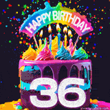 Chocolate cake with cyan layers, pink dressing and a big number 36 adorned with vibrant multicolored frosting, lit candles, and a rainbow topper with text that says 'Happy Birthday'. Animated colorful confetti move behind the cake.