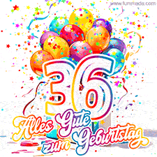 Ein lebendiges Geburtstags-GIF mit bunten Ballons, animiertem Konfetti, der Zahl 36 und den Worten 'Alles Gute zum Geburtstag' in dekorativer Schriftart.
