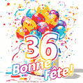 Des confettis animés, des ballons multicolores et un coffret cadeau dans un joyeux GIF de 36e anniversaire