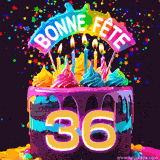 GIF animé pour un 36e anniversaire avec un gâteau au chocolat recouvert de glaçage arc-en-ciel, des bougies allumées, et le texte 'Bonne Fête' sur un fond étoilé et festif.