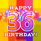 A birthday cake with lit candles is shown with colorful balloons and animated confetti.